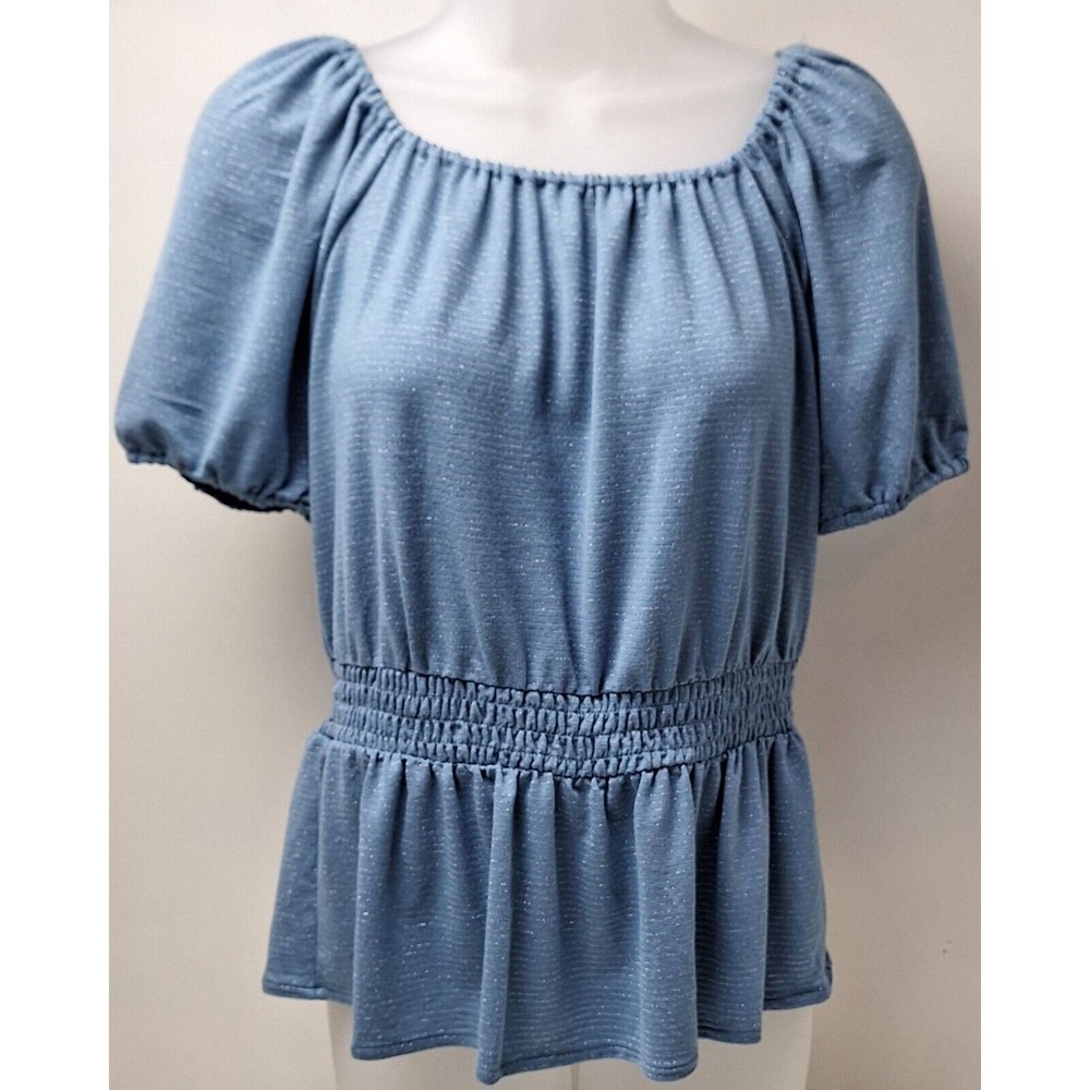 NWT! Lauren Conrad Smocked Waist On/Off Shoulder Scrub Blue Shimmer Top - Size S